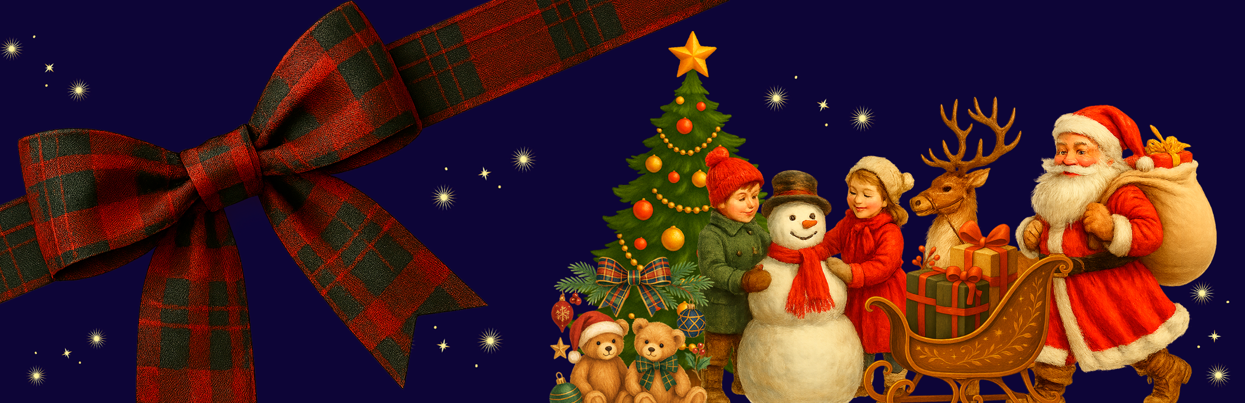 Fundo Natalino em Azul com laço e Papai Noel