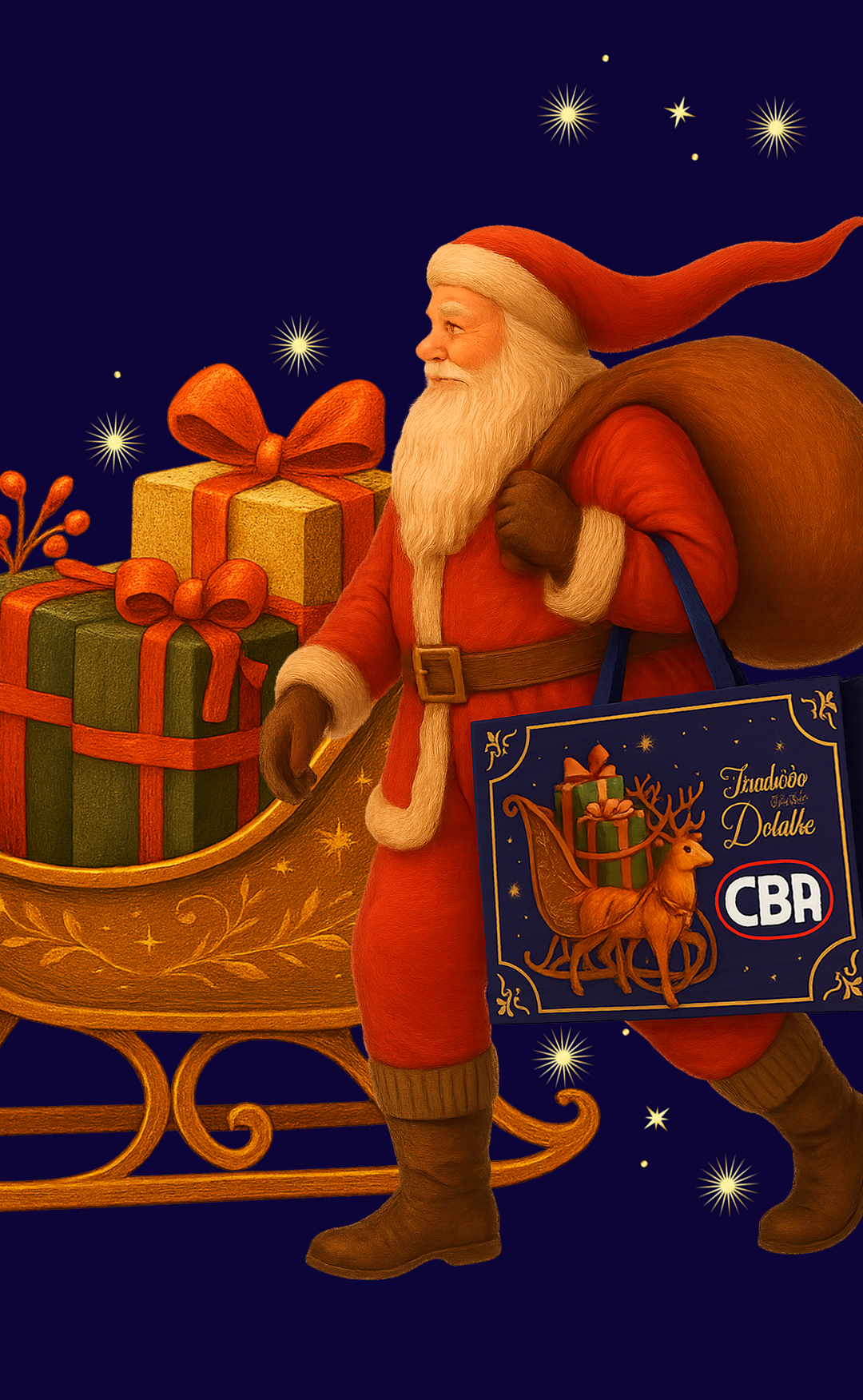 Fundo Natalino em Azul com laço e Papai Noel