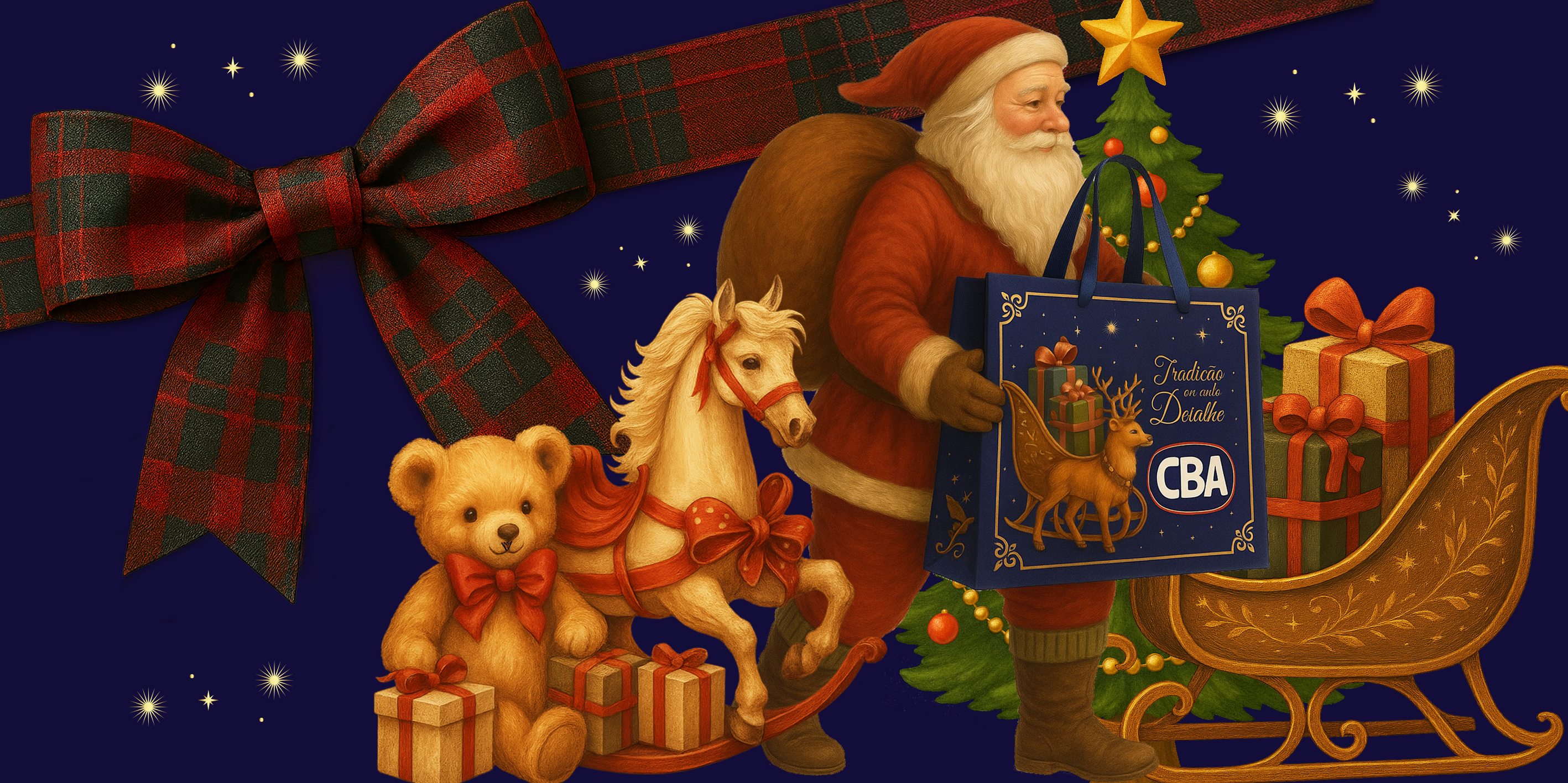 Fundo Natalino em Azul com laço e Papai Noel